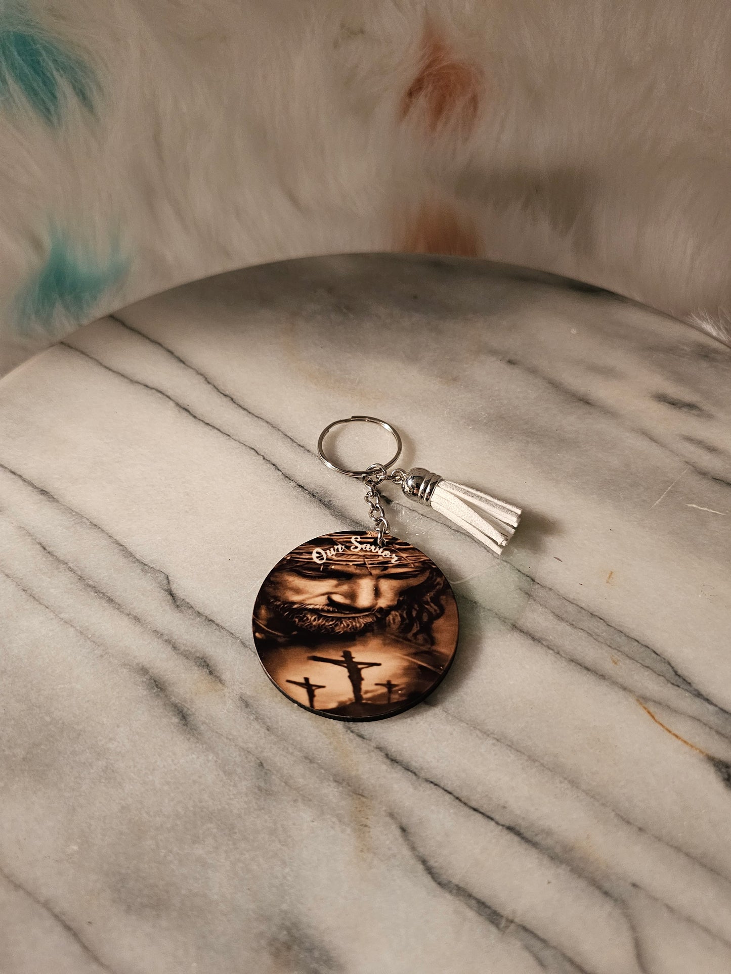 2 inch sublimation Our Savior Keychain.