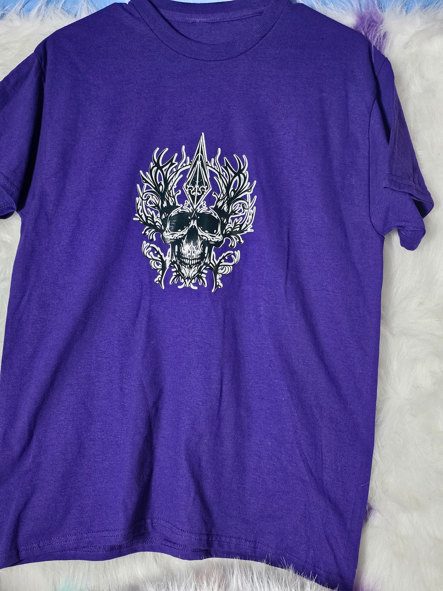 Skull head on purple shirt