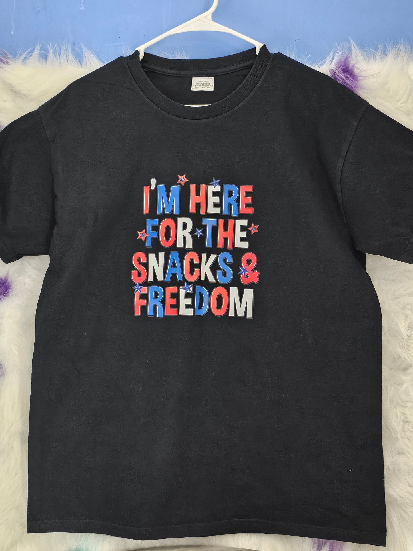 Size L 100% cotton Black I'm here for the snacks Tshirt