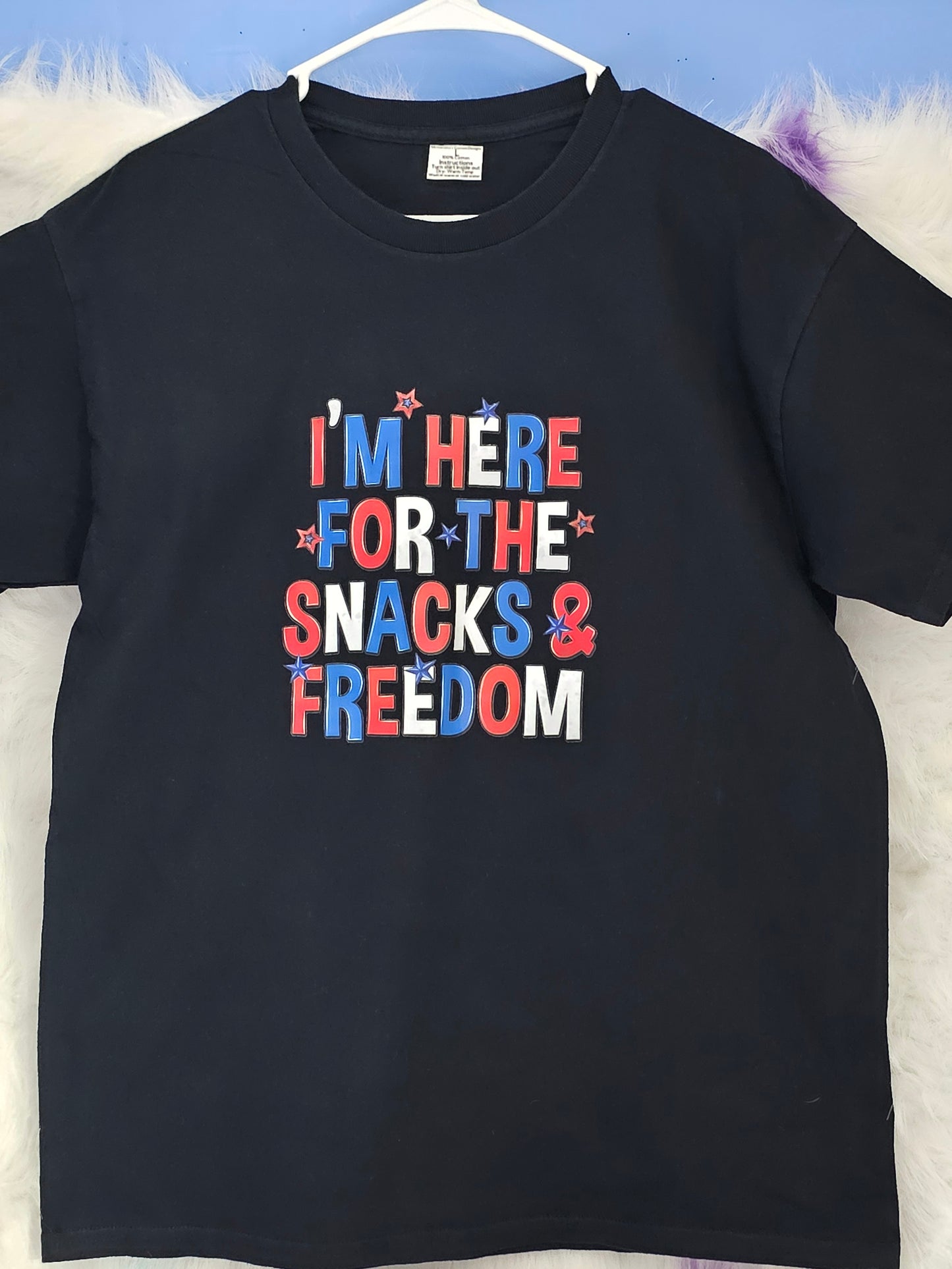Size L 100% cotton Black I'm here for the snacks Tshirt