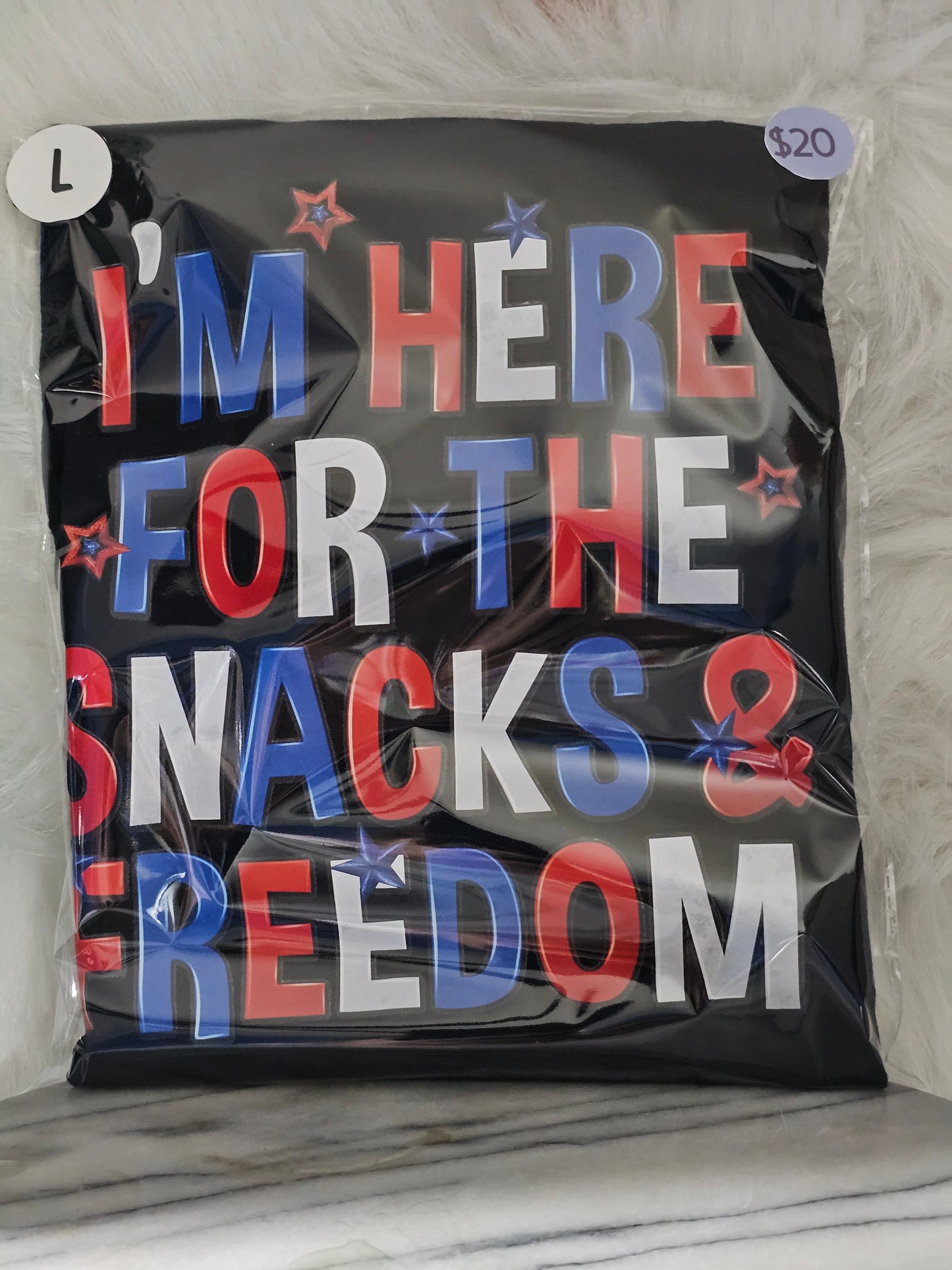 Size L 100% cotton Black I'm here for the snacks Tshirt