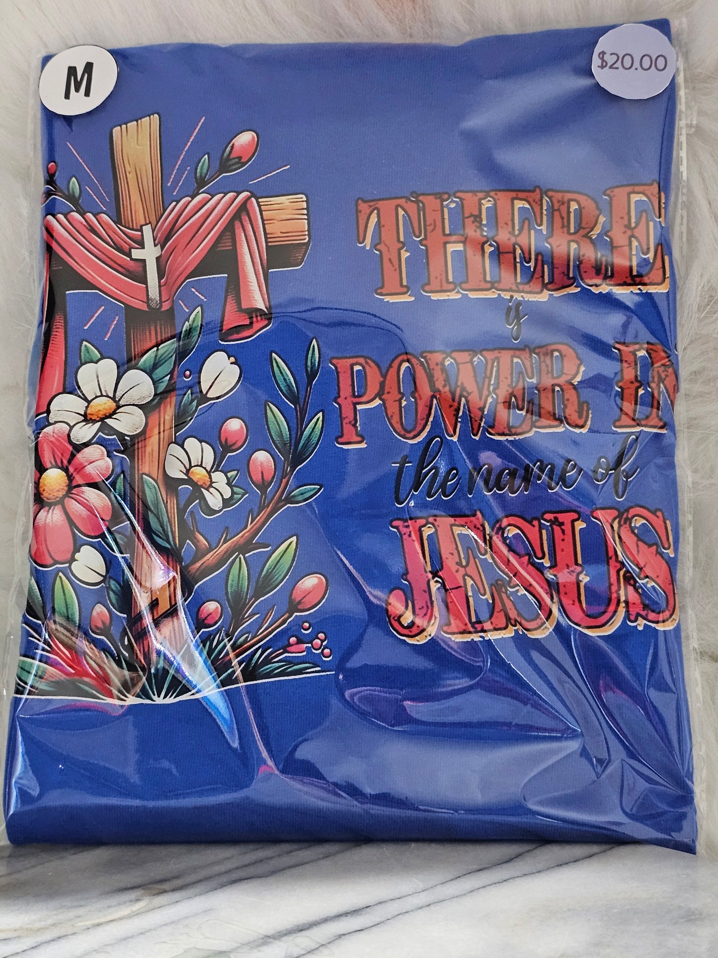 Size M 100% cotton Blue There is power in the name of Jesus Tshirt