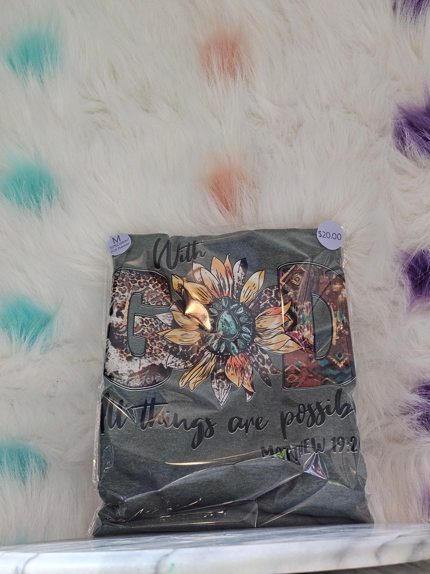 Size M 50% cotton 50 %polyester Green With God all thing are possible Tshirt