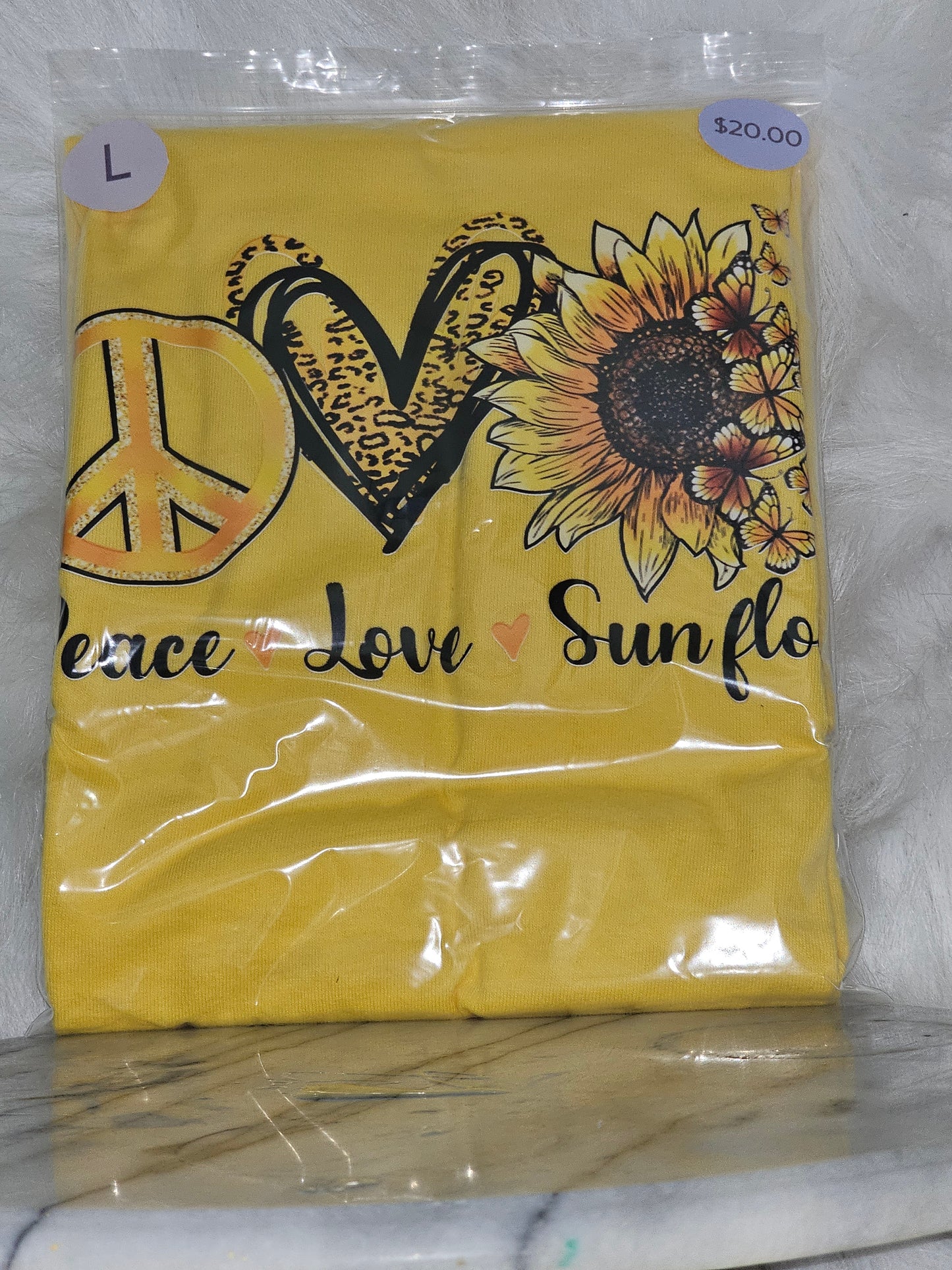 Size L 100%cotton yellow Peace, Love and Sunflower Tshirt