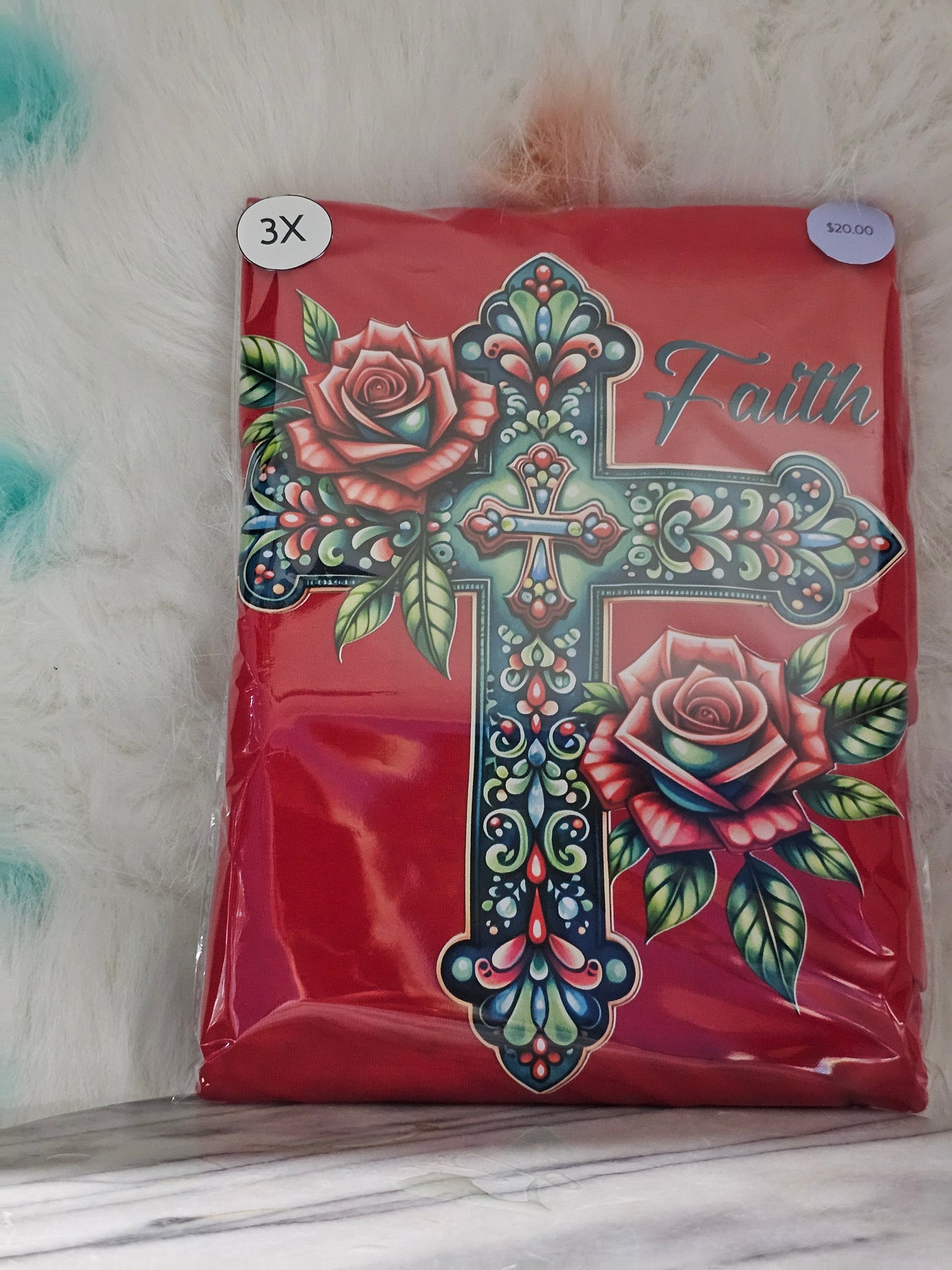 Size 3x 100% cotton Red shirt with cross and roses