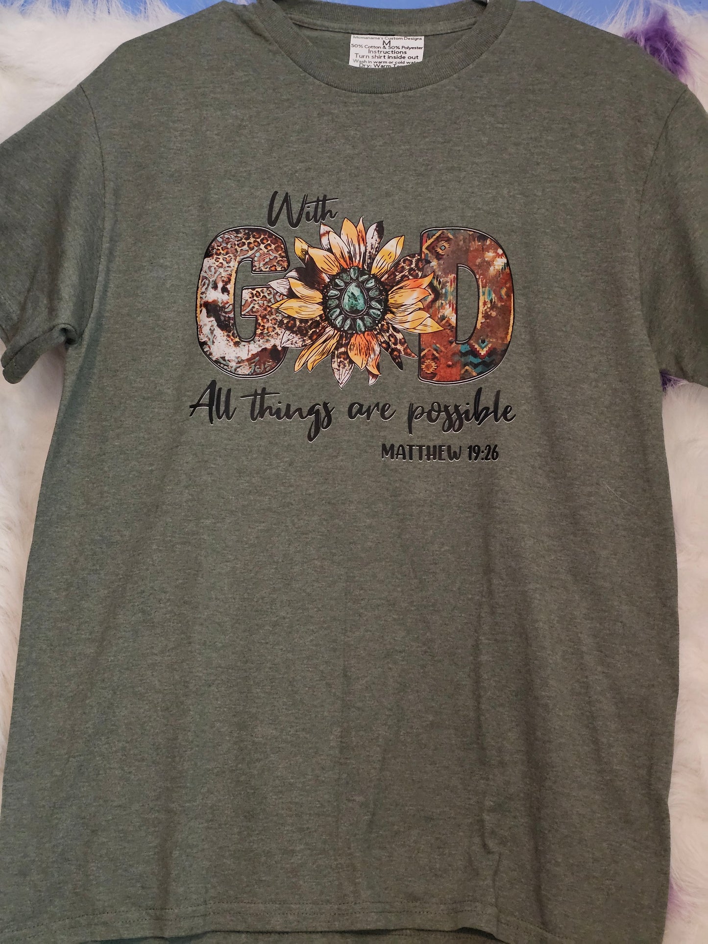 Size M 50% cotton 50 %polyester Green With God all thing are possible Tshirt