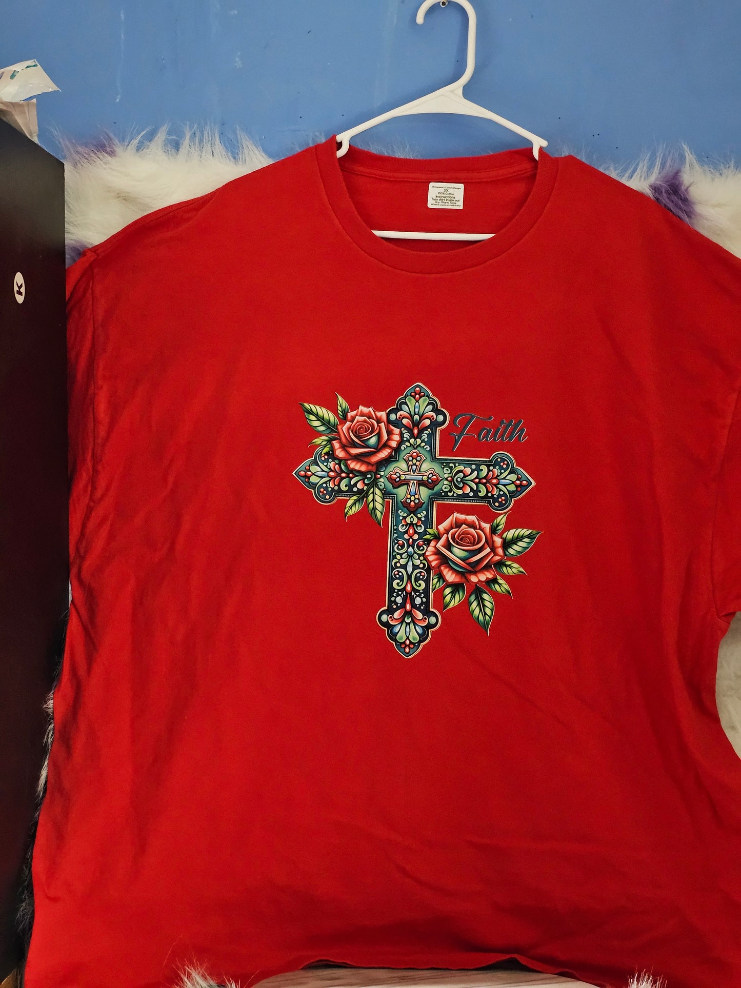 Size 3x 100% cotton Red shirt with cross and roses