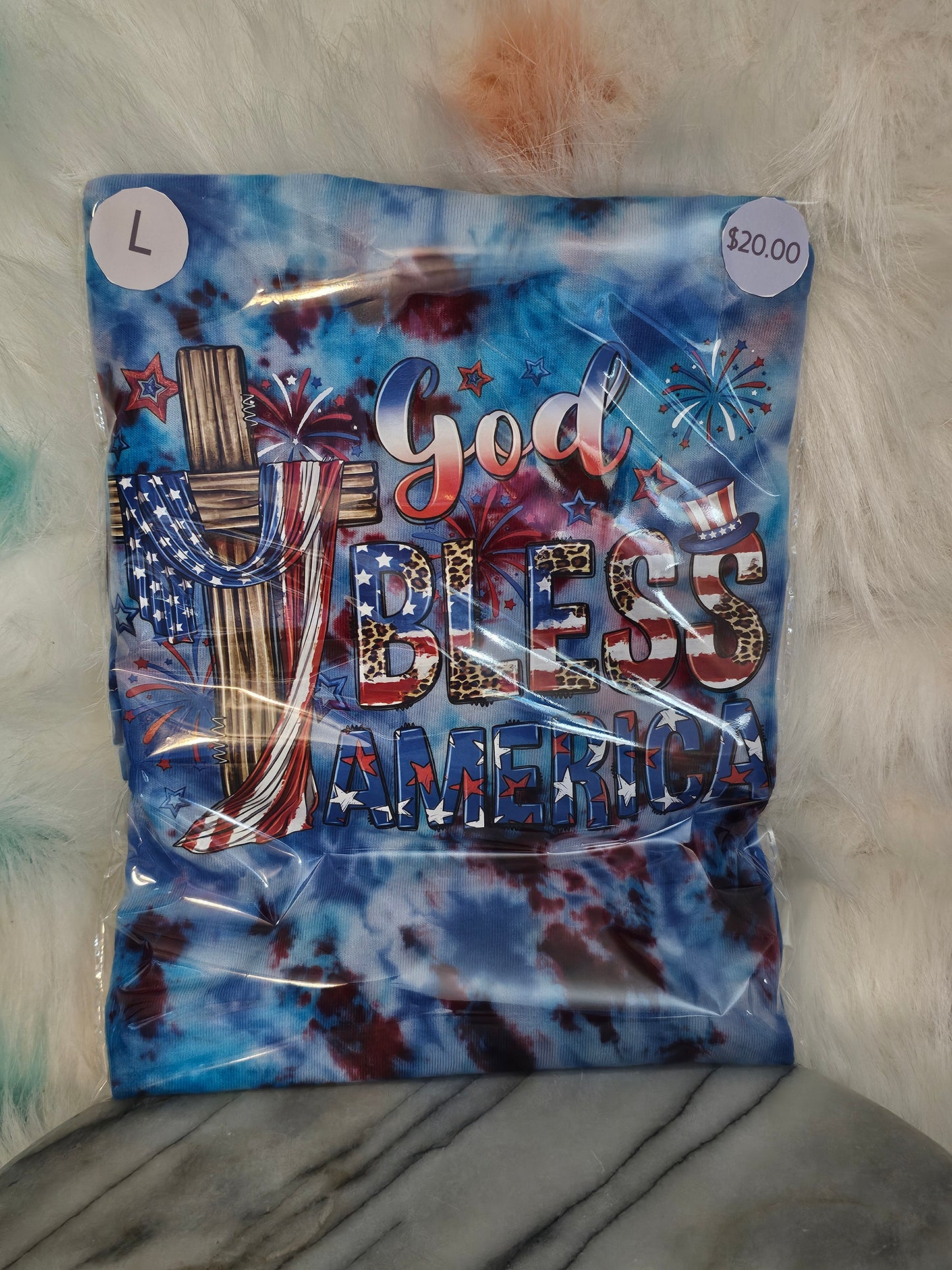 Size L 100% cotton tye dye God Bless America with cross Tshirt