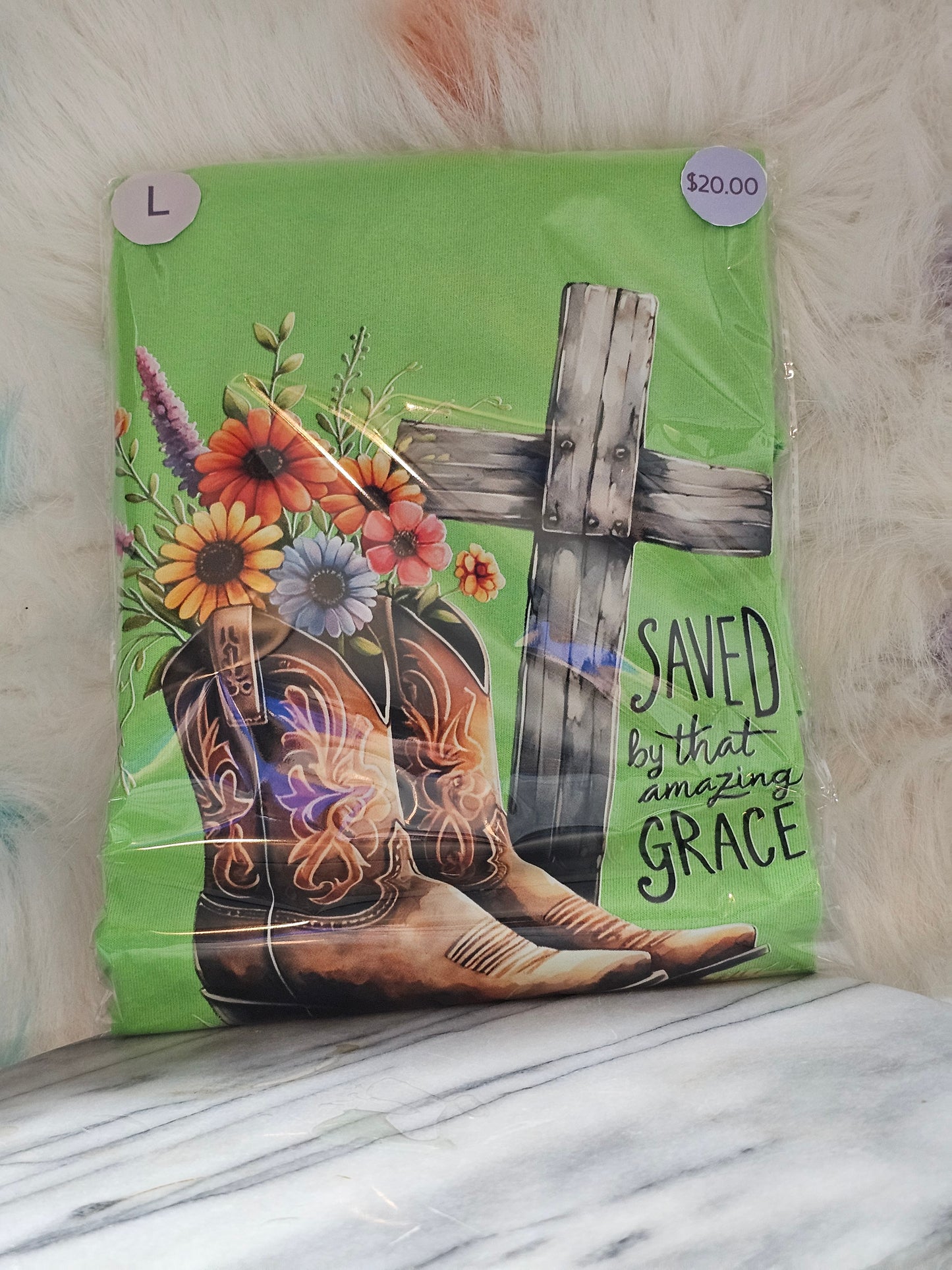 Size L 100% cotton light green Save my grace Tshirt