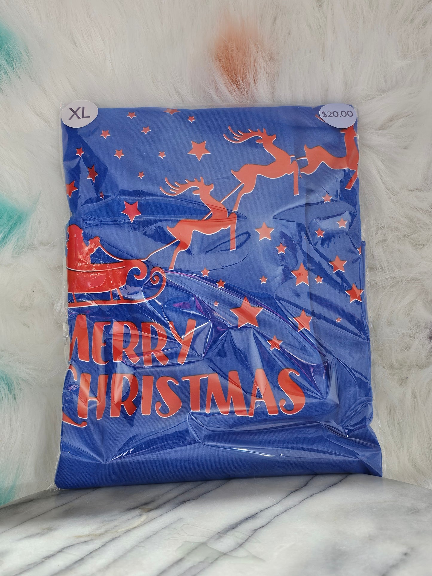 Size XL 100% cotton blue Santa and Reindeers Tshirt