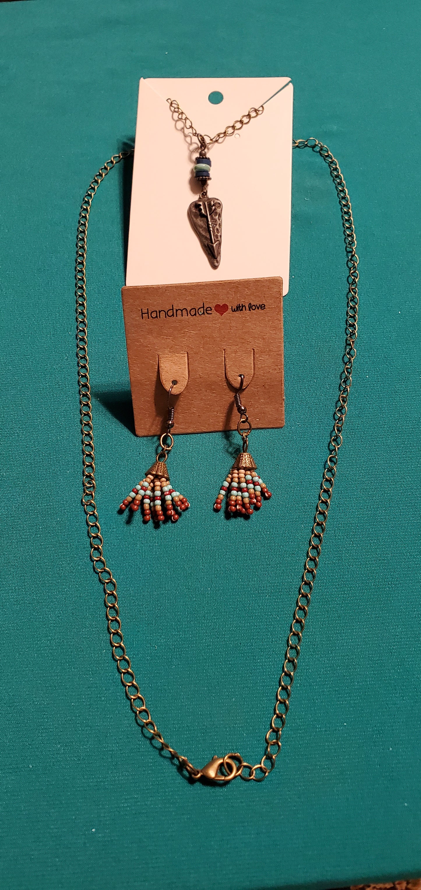 Bronze plated Arrowhead necklace and Indian beads earrings