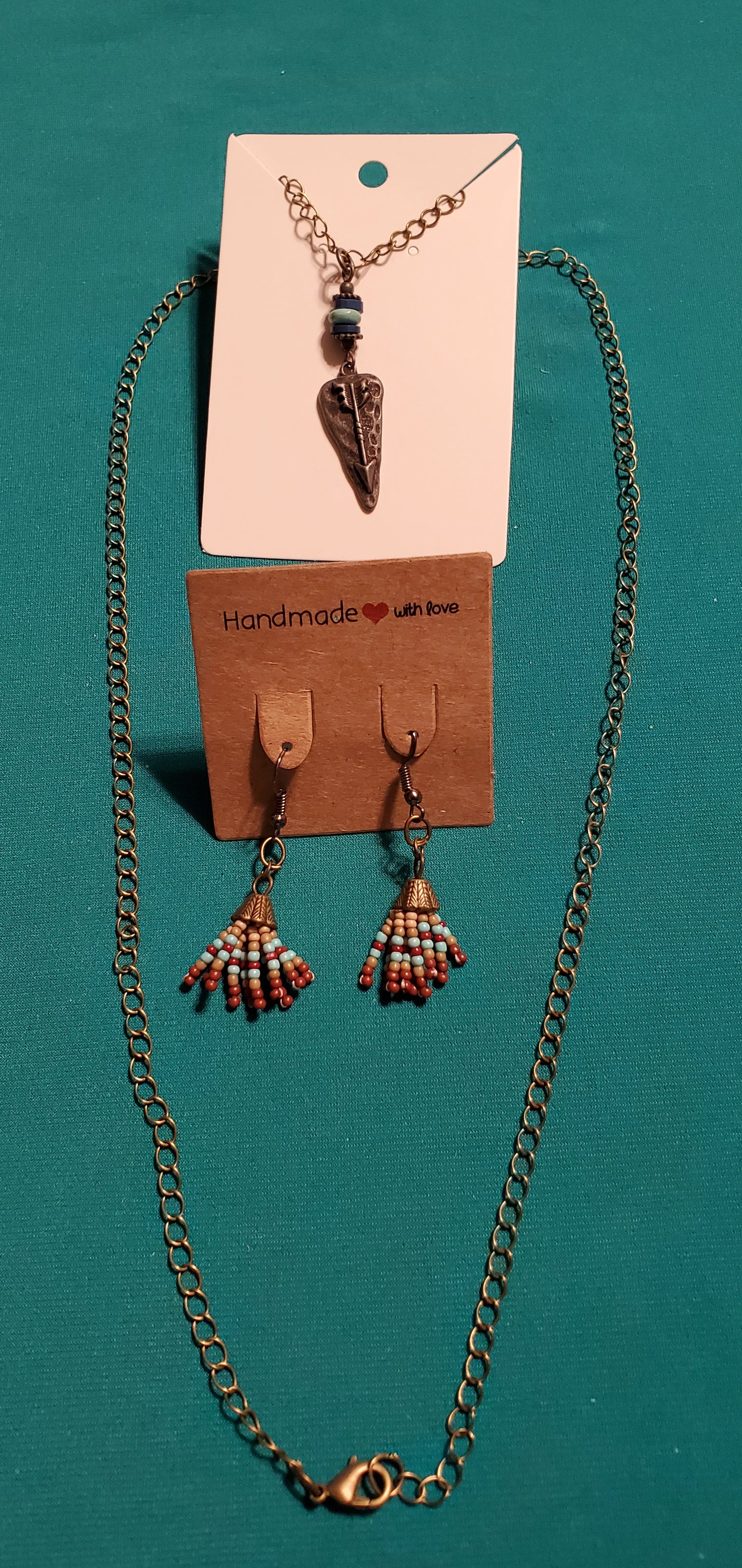 Bronze plated Arrowhead necklace and Indian beads earrings
