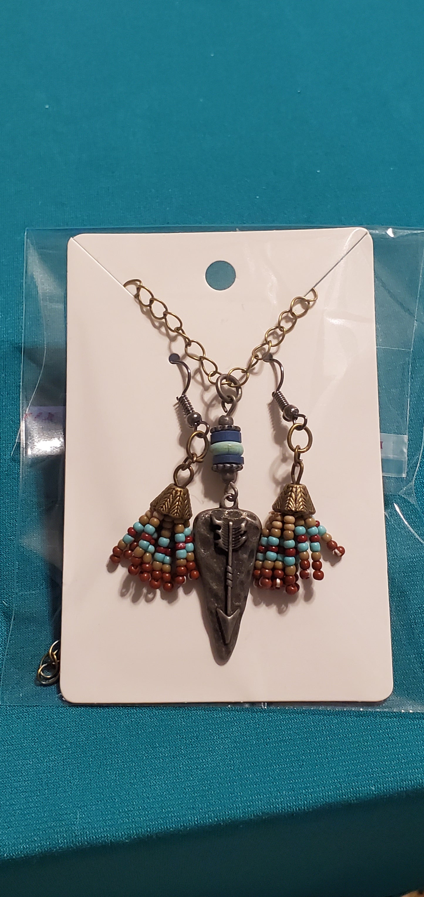 Bronze plated Arrowhead necklace and Indian beads earrings