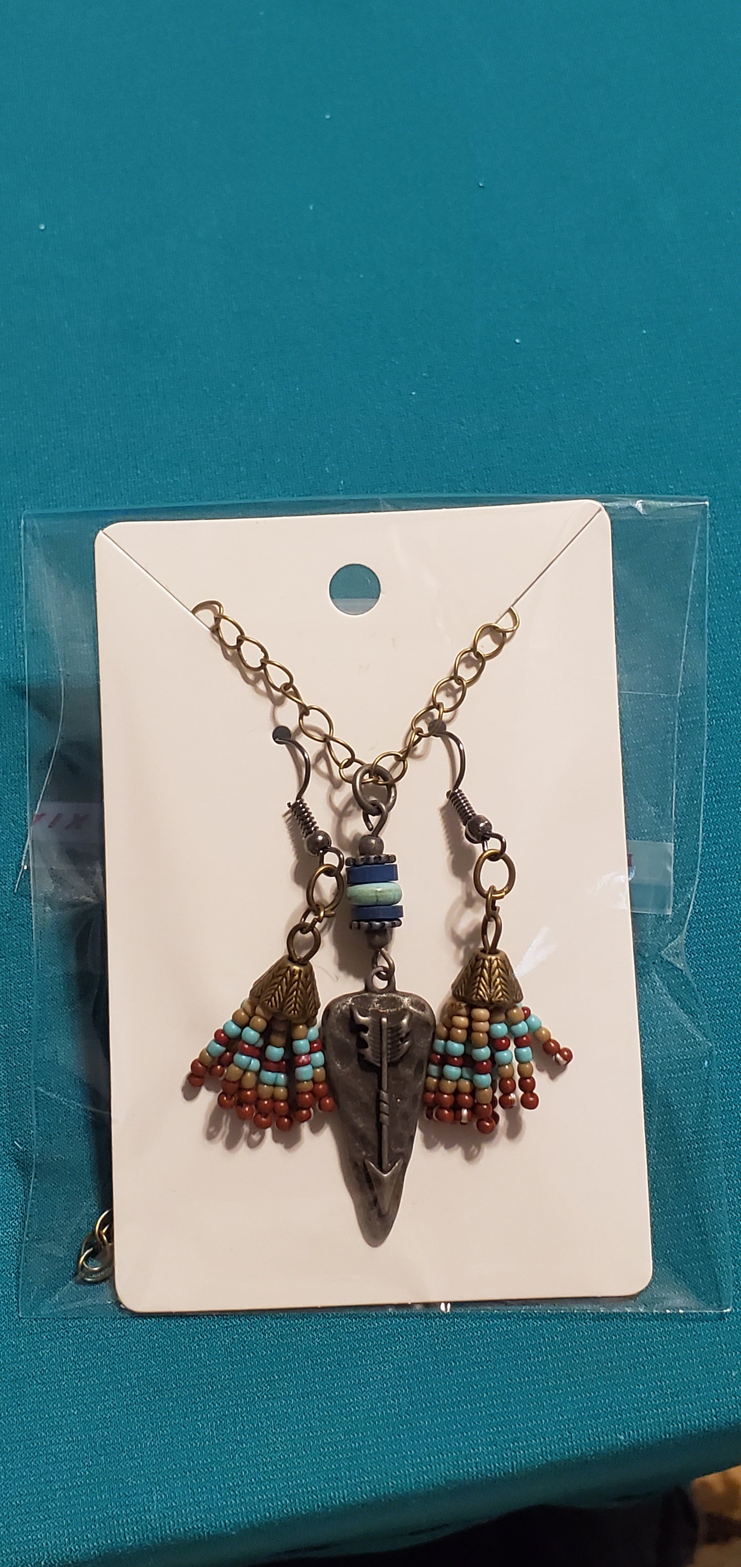 Bronze plated Arrowhead necklace and Indian beads earrings