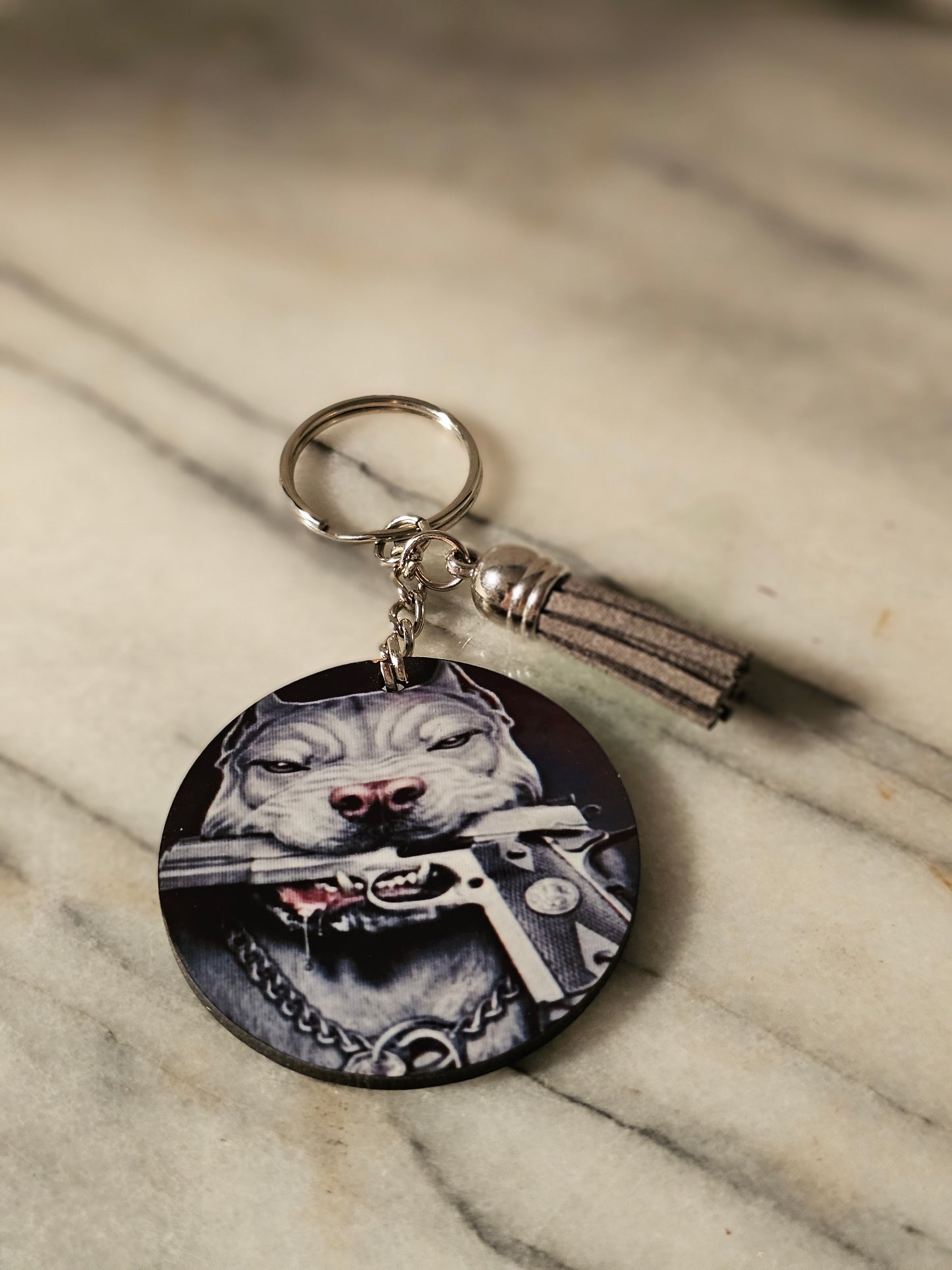 2 inch sublimation Pitbull with gun Keychain