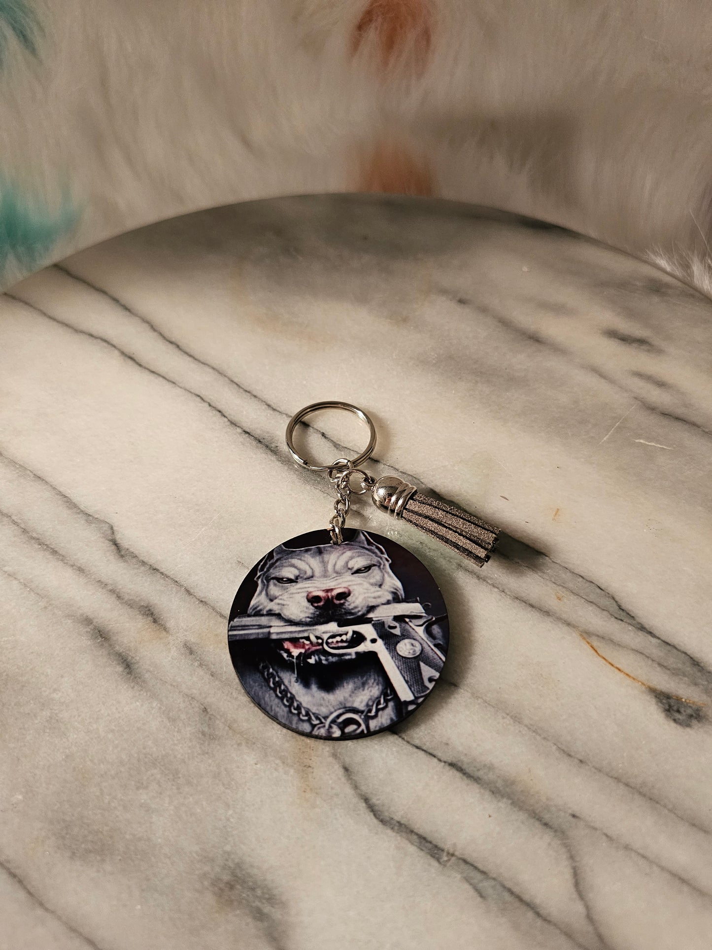 2 inch sublimation Pitbull with gun Keychain