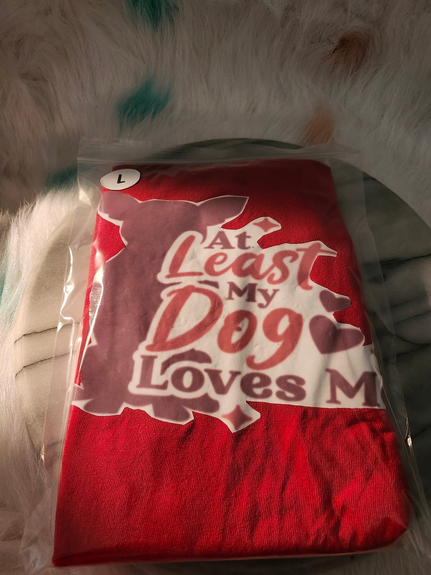 Size L 100% cotton At least my dog loves me red tshirt
