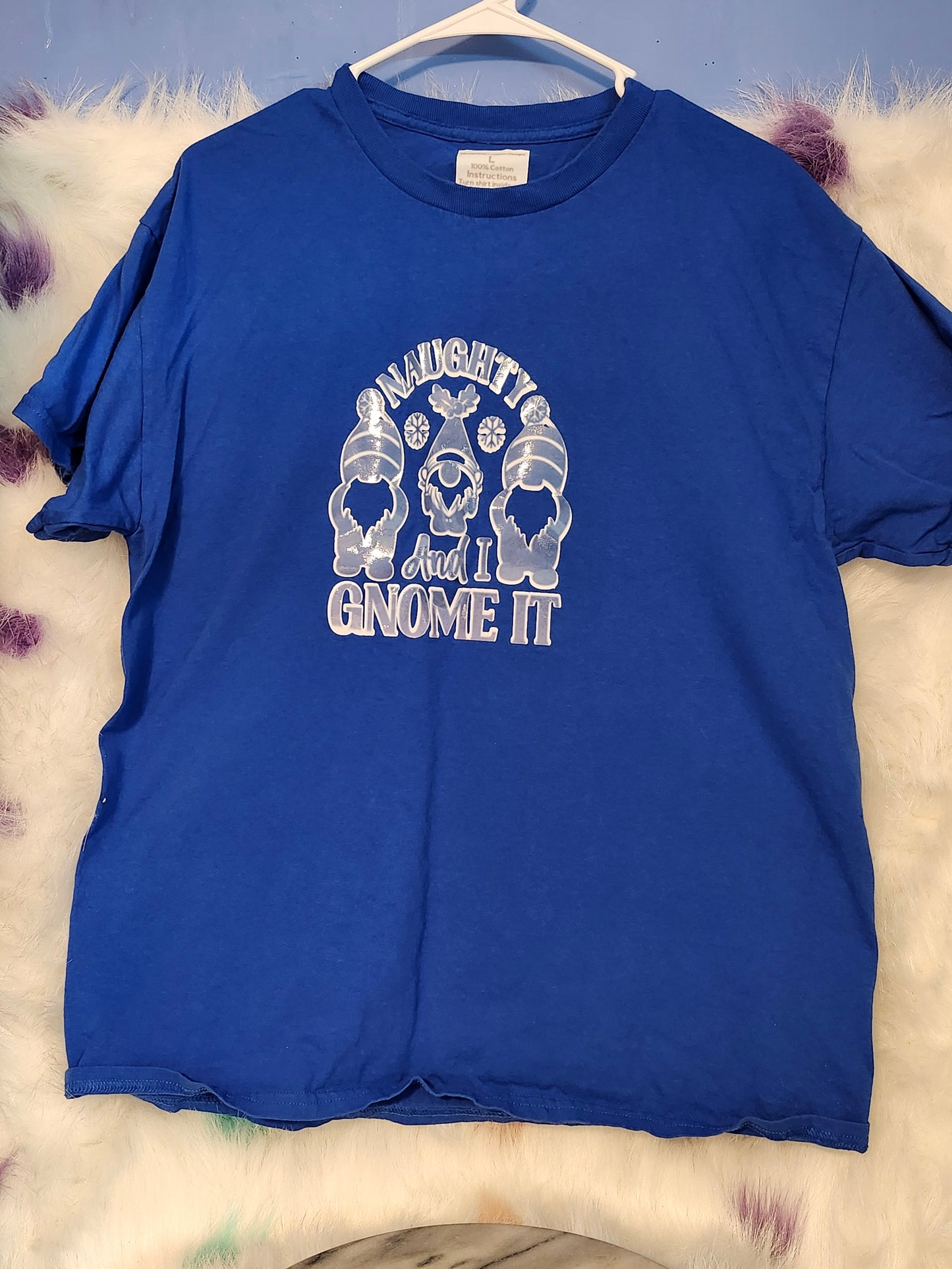 Size L 100% cotton blue Naughty and I Gnome it tshirt