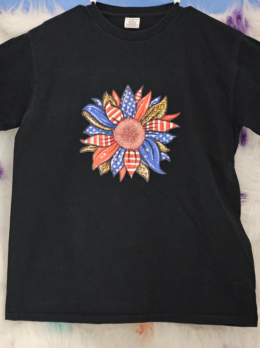 Size M 100% cotton Black shirt with red & blue flower Tshirt