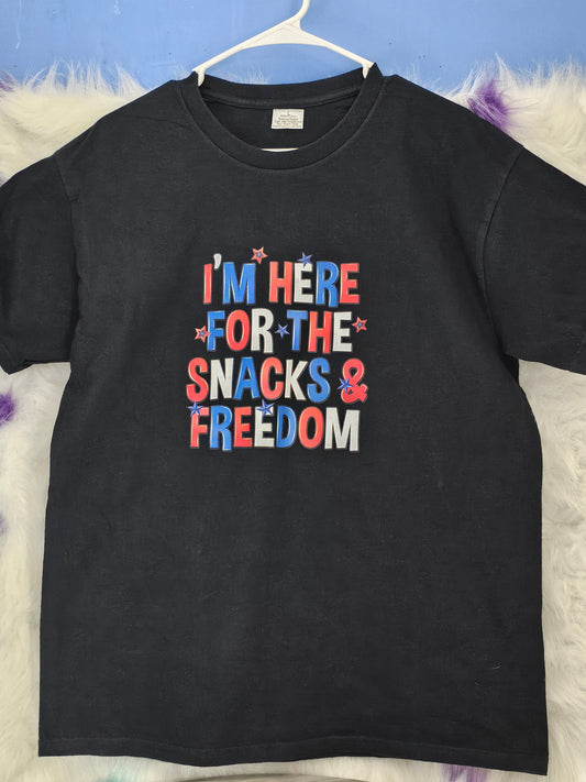 Size L 100% cotton Black I'm here for the snacks Tshirt