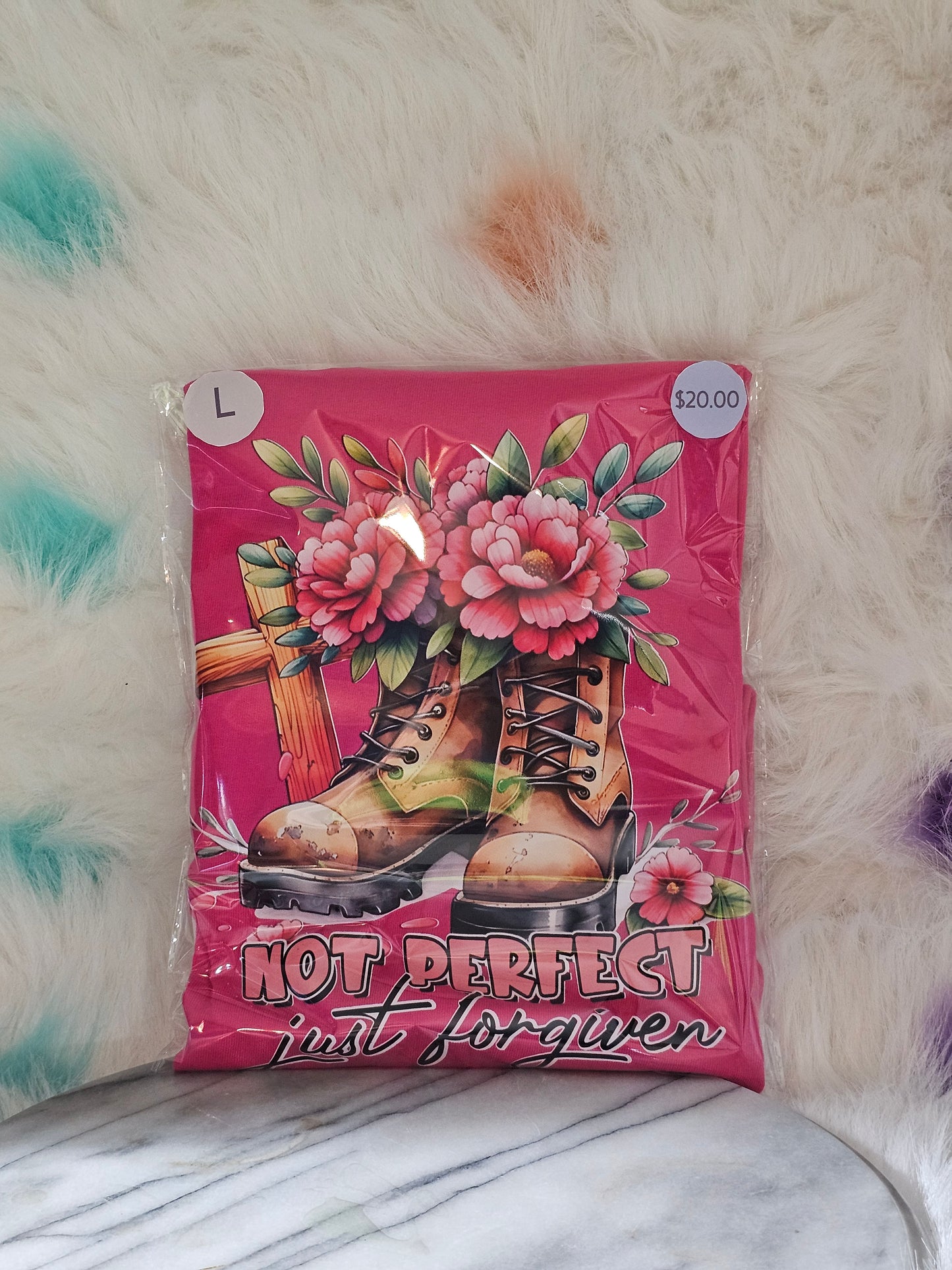 Size L 100% cotton Pink Not perfect just forgiven Tshirt