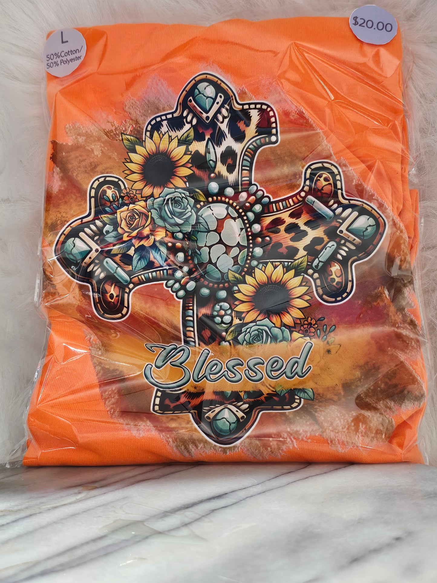 Size L 100% cotton Orange Blessed cross with sunflowers Tshirt