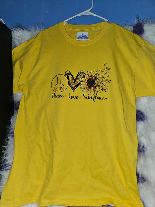 Size L 100%cotton yellow Peace, Love and Sunflower Tshirt
