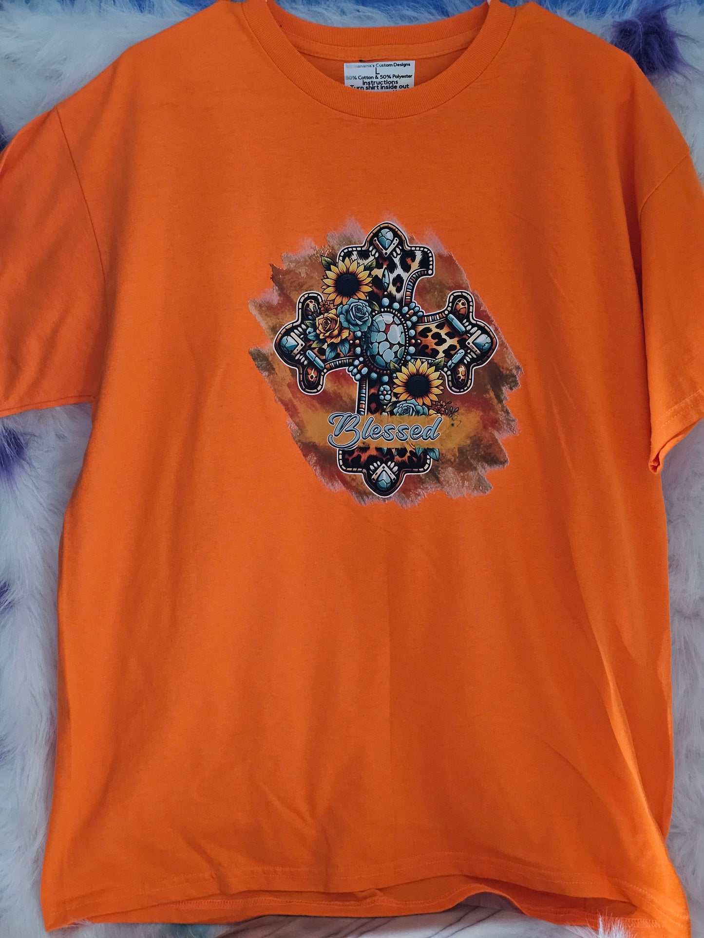Size L 100% cotton Orange Blessed cross with sunflowers Tshirt