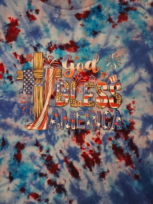 Size L 100% cotton tye dye God Bless America with cross Tshirt