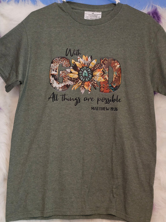 Size M 50% cotton 50 %polyester Green With God all thing are possible Tshirt