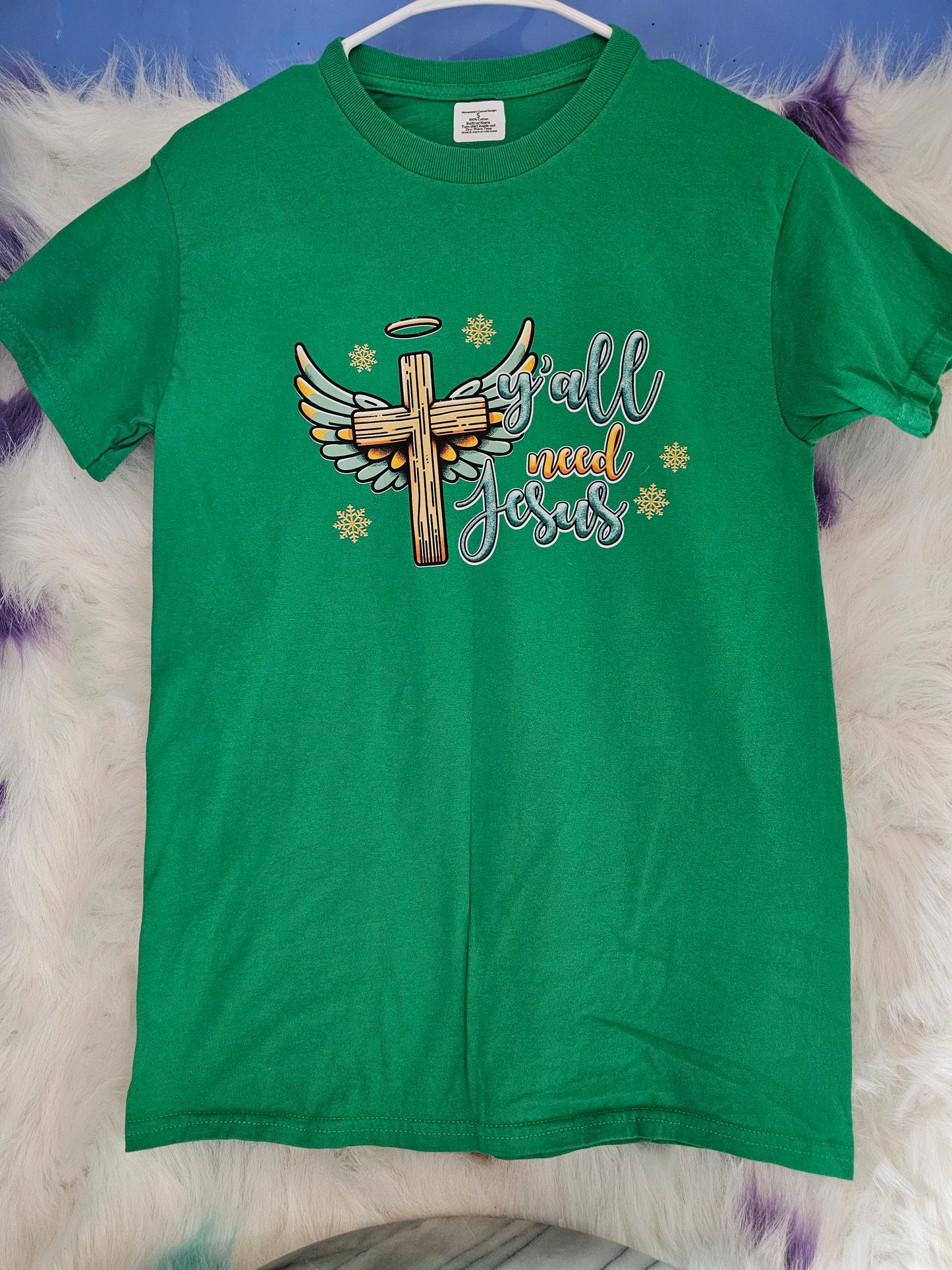 Size S 100% cotton Green Y'all need Jesus Tshirt