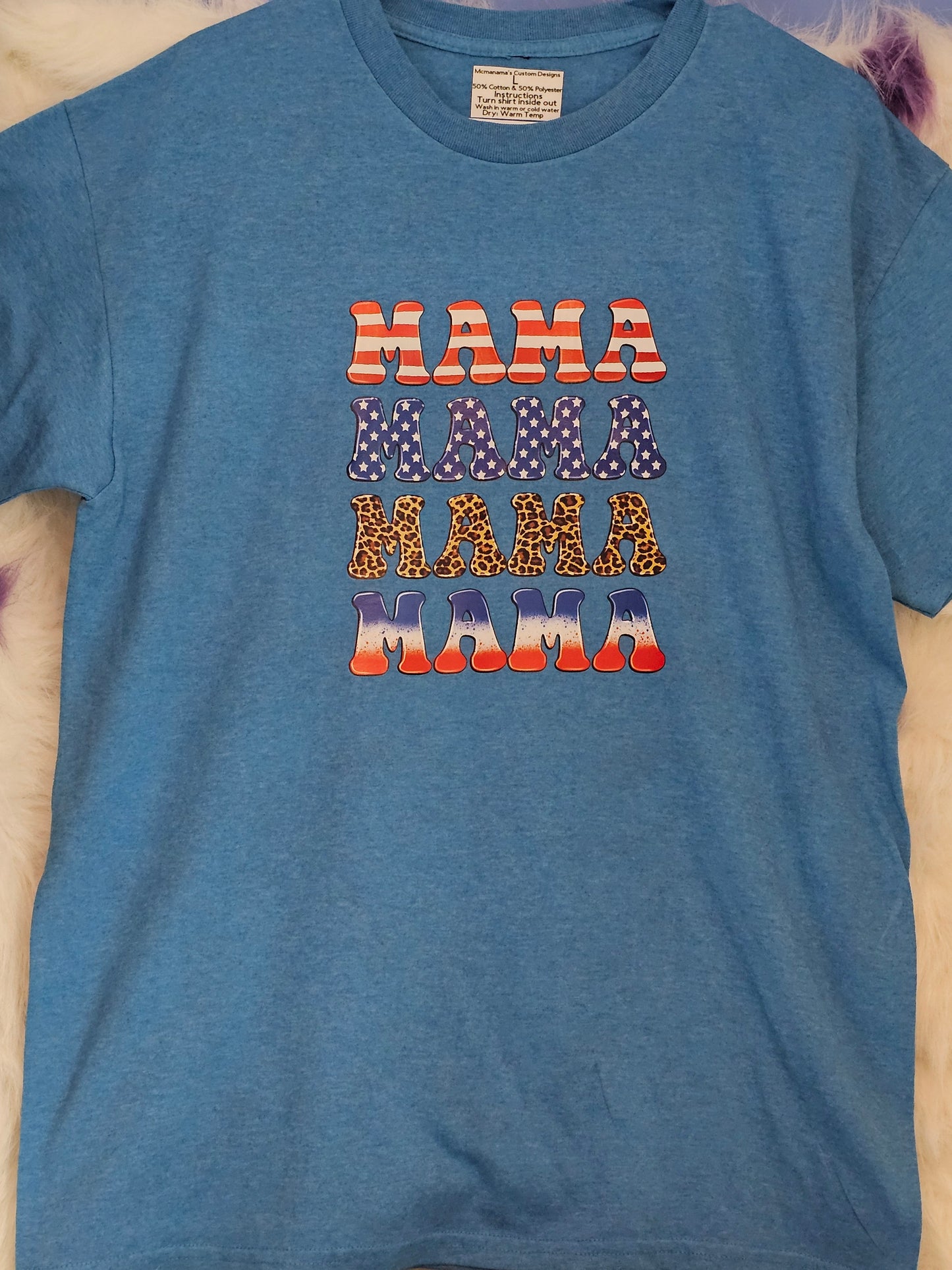Size L 50% cotton 50%polyester blue Mama,Mama,Mama, Mama Tshirt