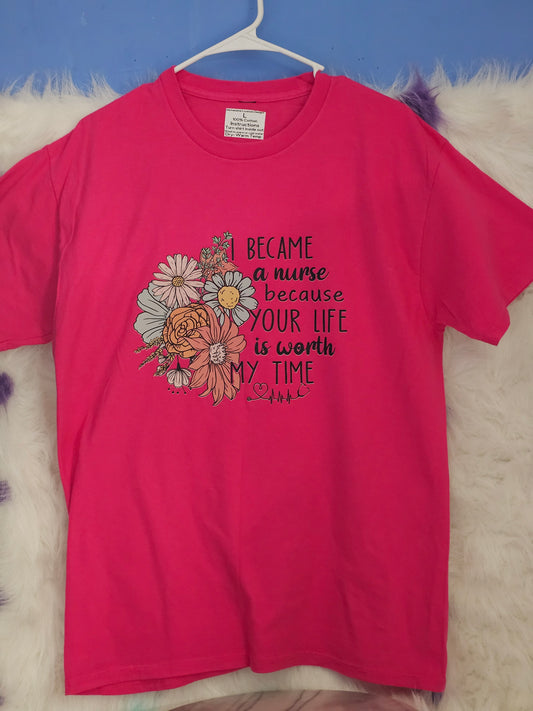 Size L 100% cotton I became a nurse because your life is worth my time Tshirt