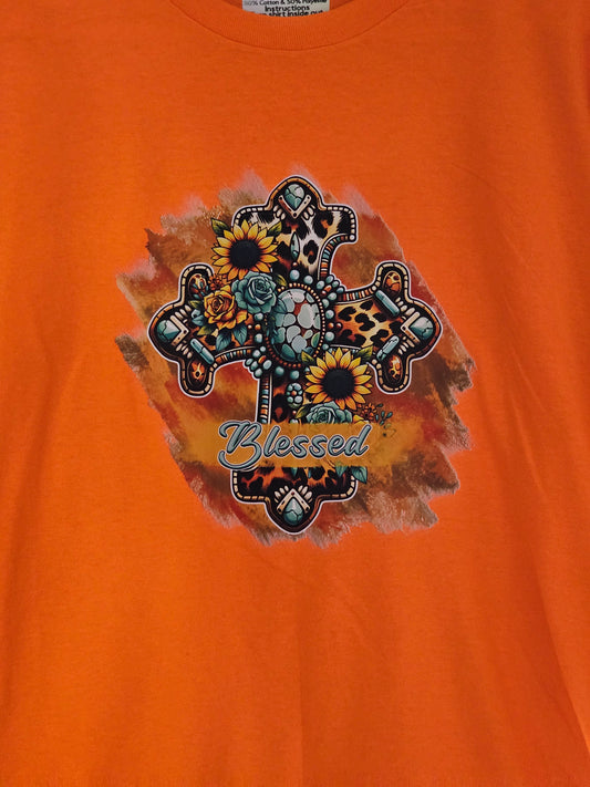 Size L 100% cotton Orange Blessed cross with sunflowers Tshirt