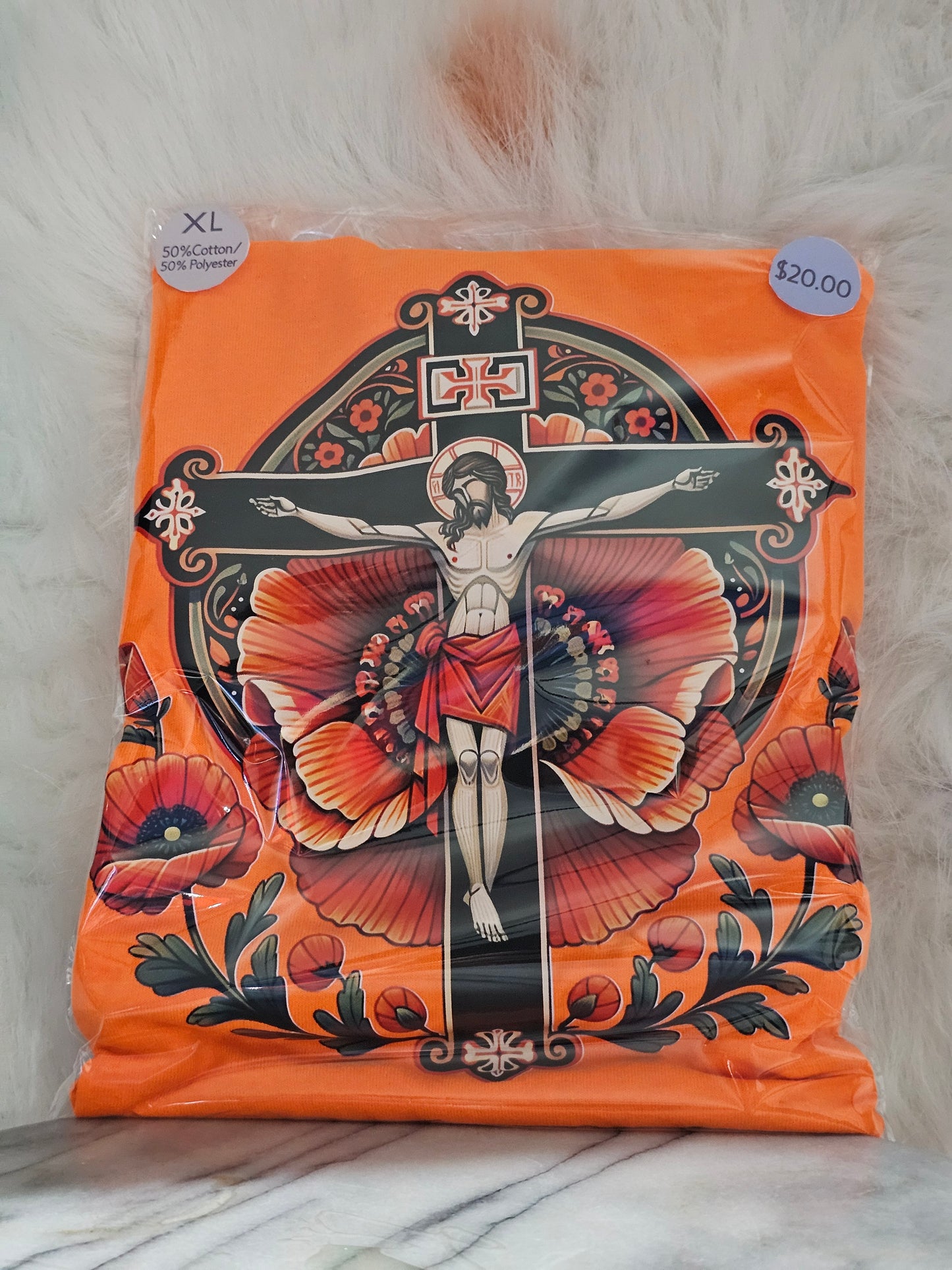 Size XL 100% cotton Orange Jesus on cross Tshirt