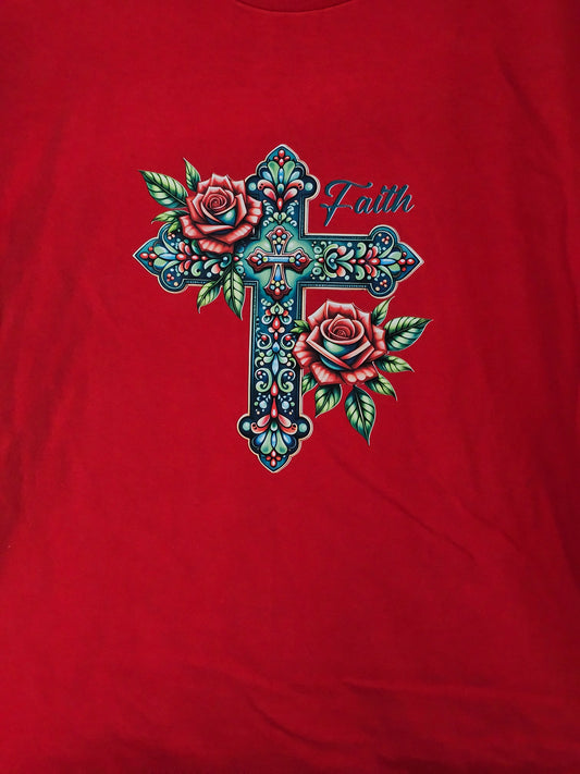 Size 3x 100% cotton Red shirt with cross and roses