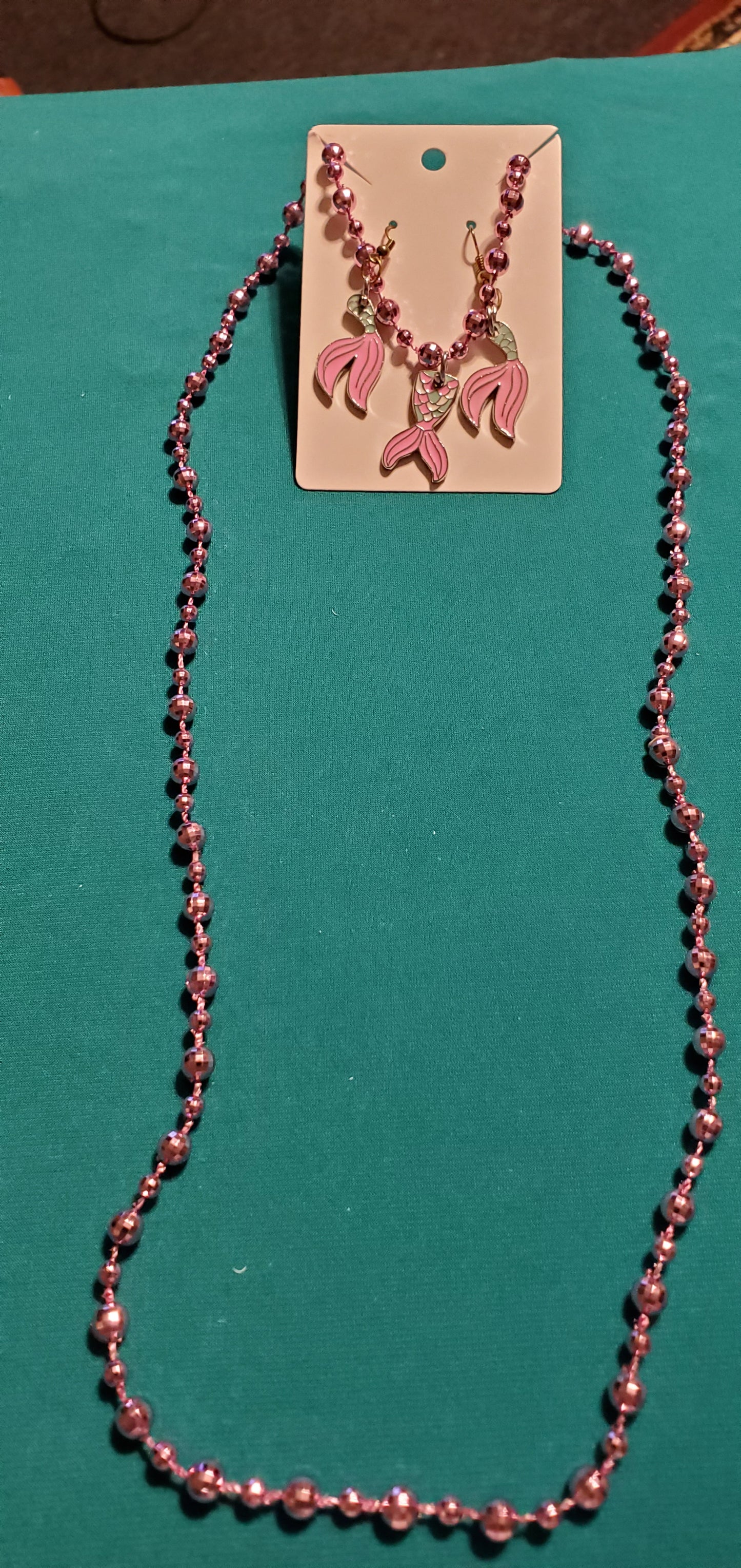 Mermaid tail on beaded necklace & mermaid earrings