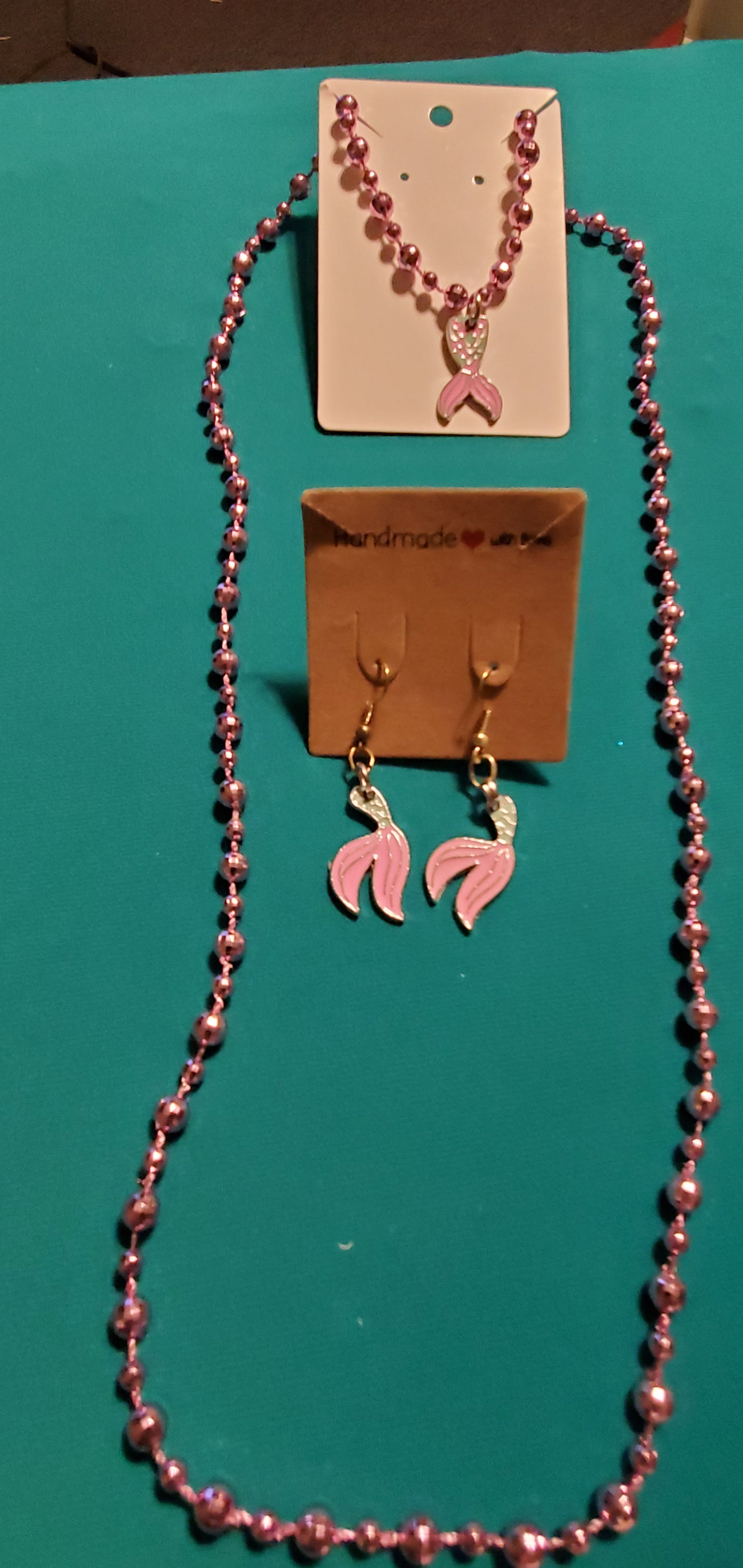 Mermaid tail on beaded necklace & mermaid earrings