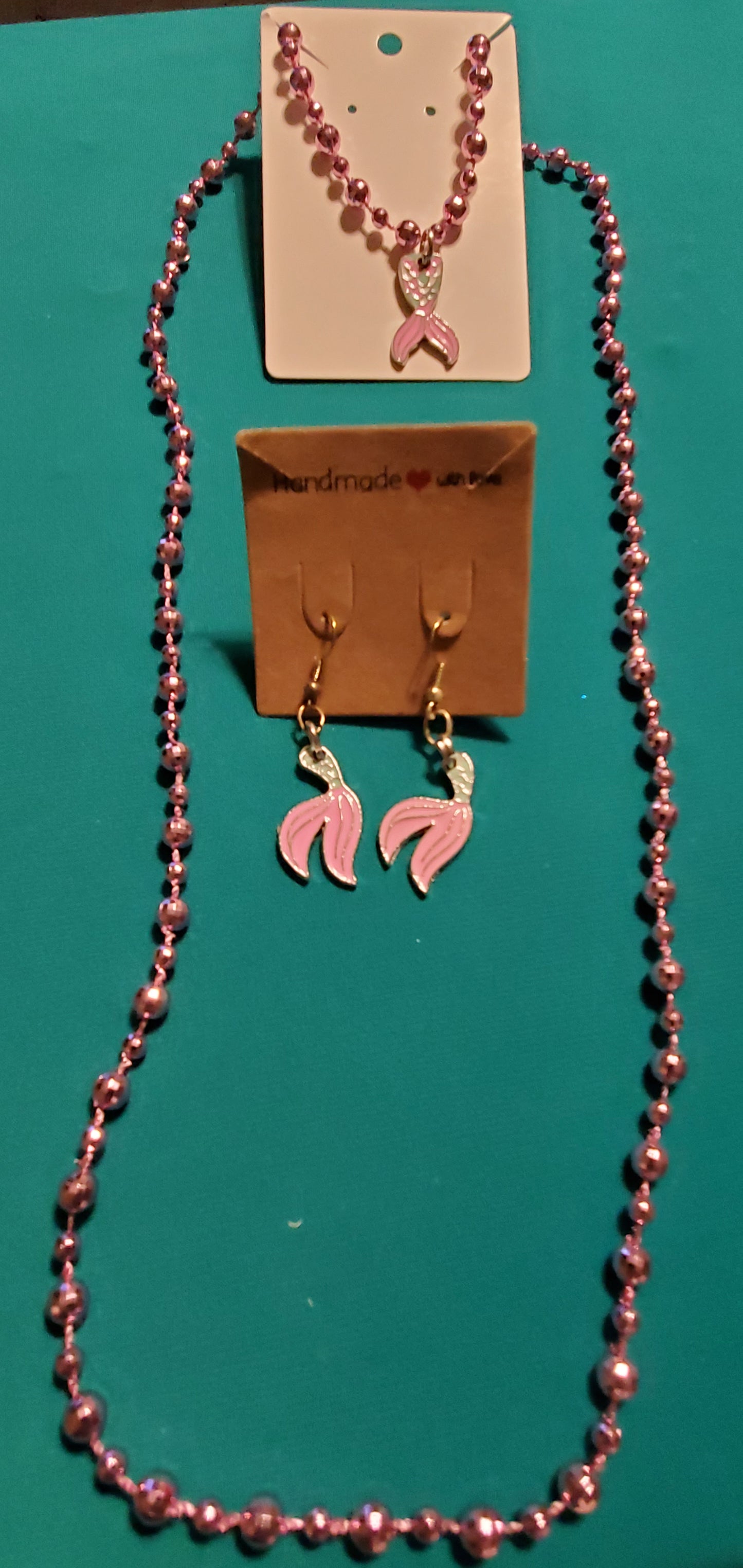 Mermaid tail on beaded necklace & mermaid earrings