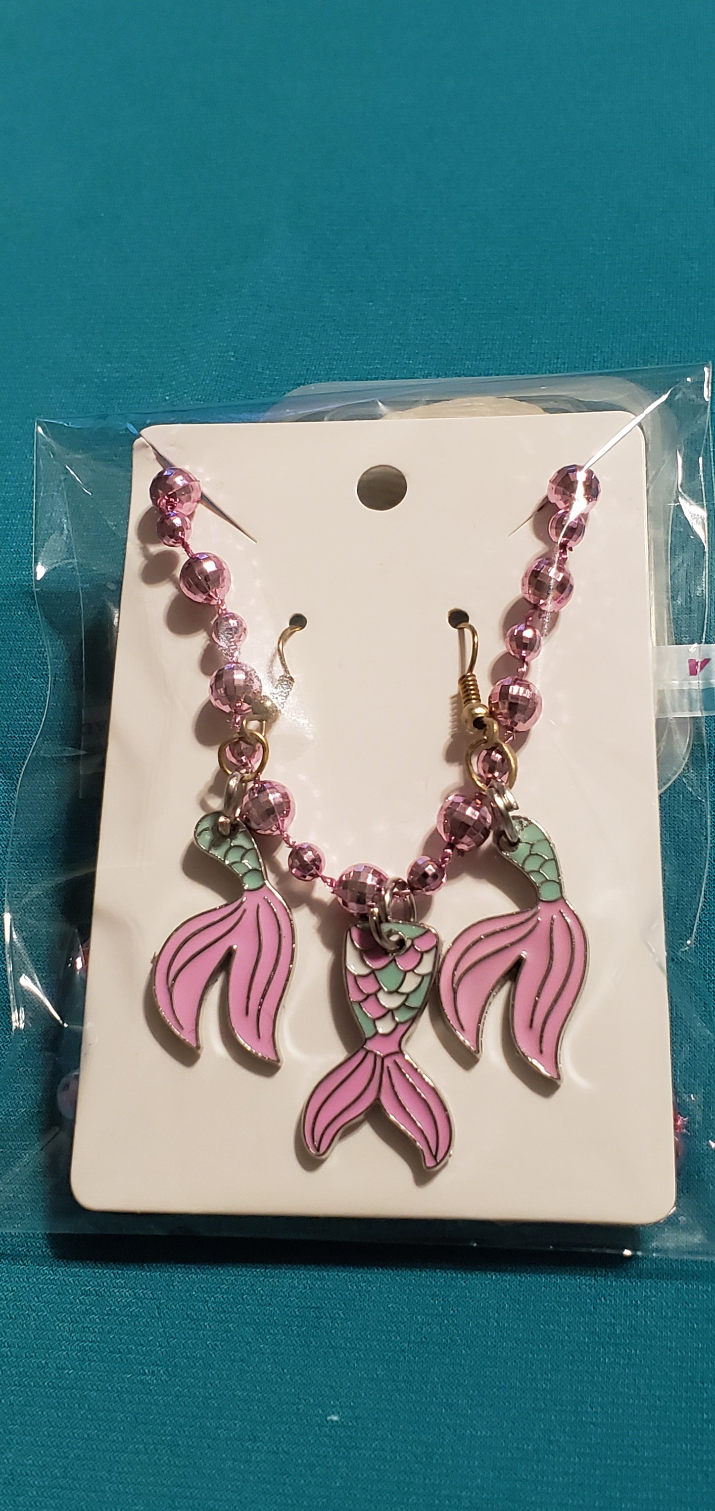 Mermaid tail on beaded necklace & mermaid earrings