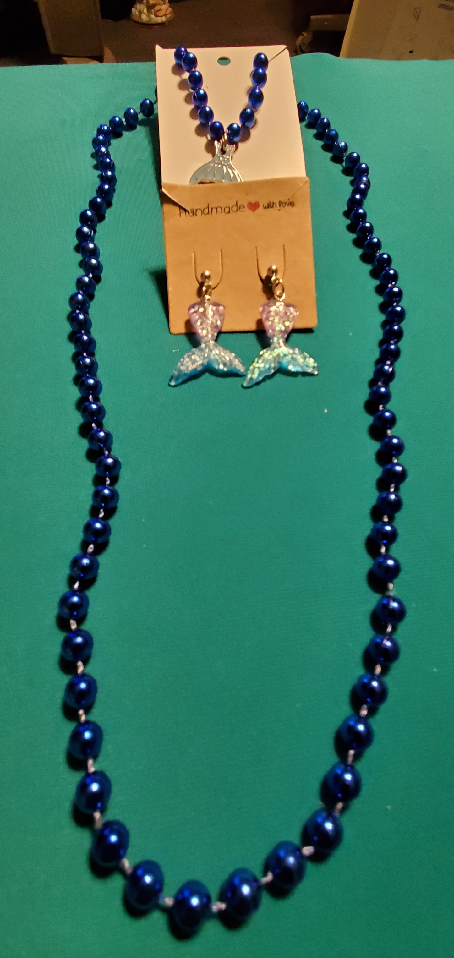 Mermaid tail on blue beaded necklace  & earrings