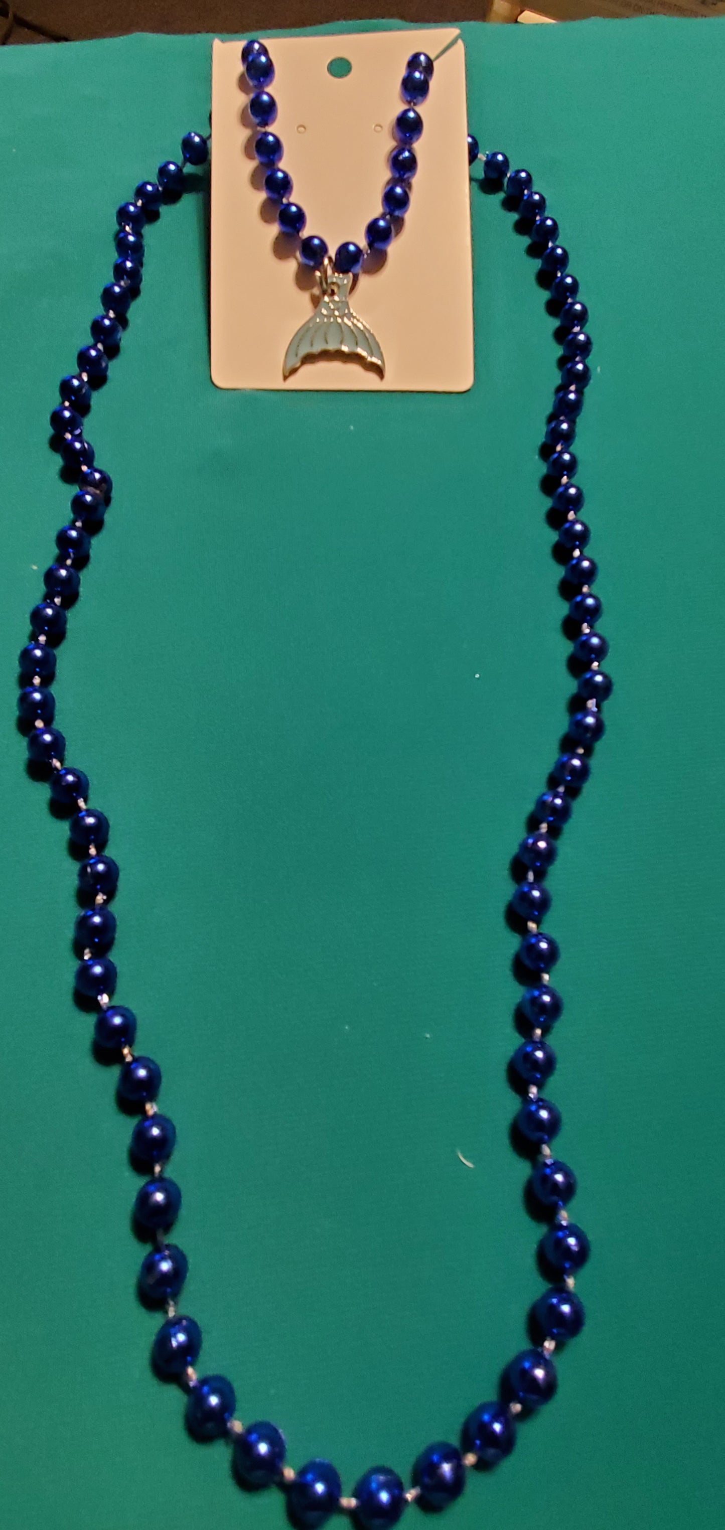 Mermaid tail on blue beaded necklace  & earrings